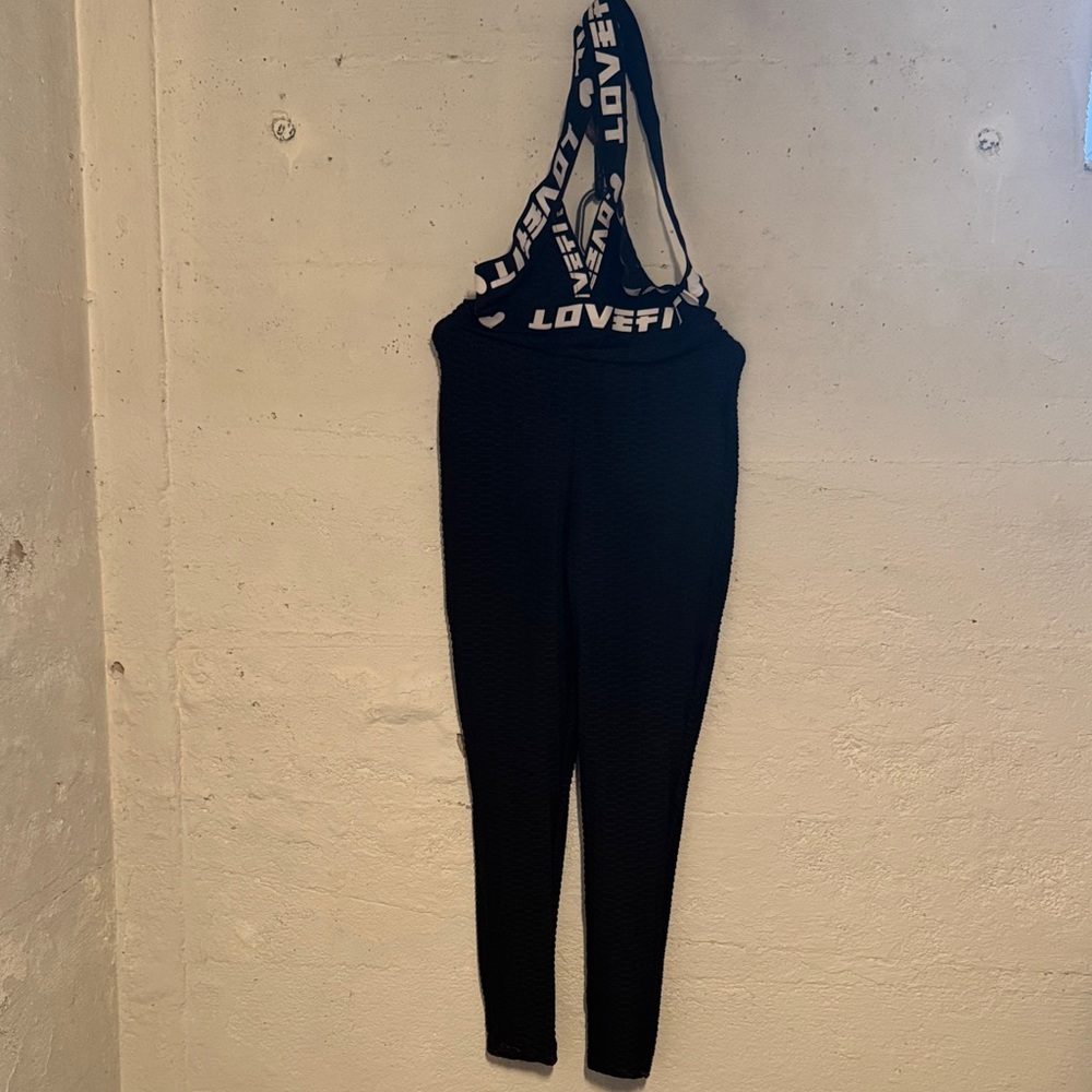 Lovefit Black Women's Leggings jumpsuit with Logo Strap sext fitted, XL backless